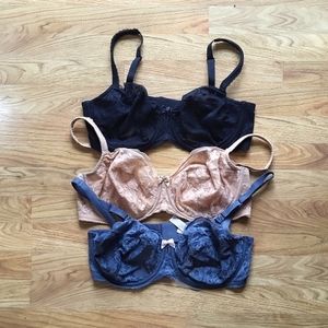 Victoria's Secret 3 Lacy Underwire Bras Black Grey Nude Size 38DDD
